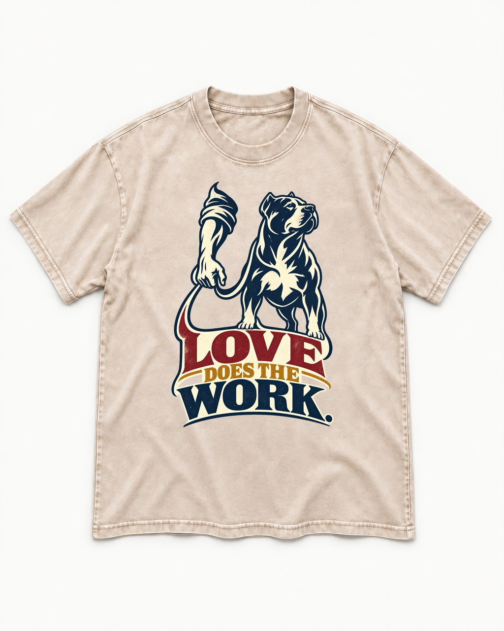 Pitbull Love Does the Work Washed Tee in Apricot, flat lay product photo