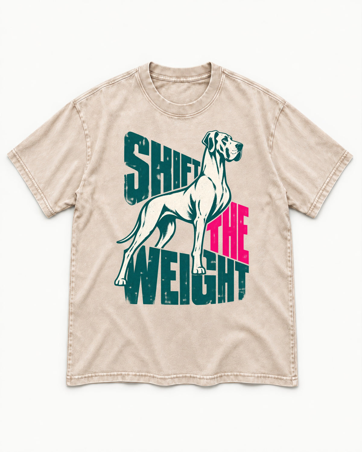 Great Dane Shift the Weight Standing Graphic Washed Tee in Apricot, flat lay product photo