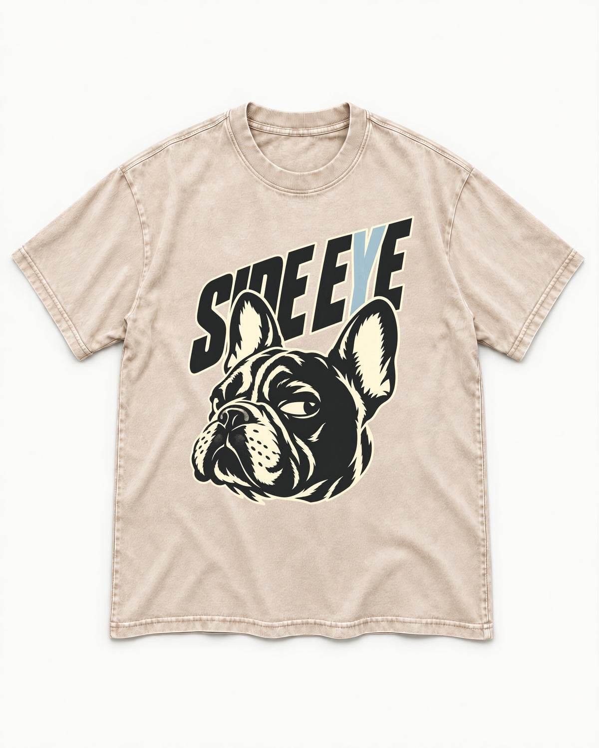 Frenchie Side Eye Portrait Graphic Washed Tee in Apricot, flat lay product photo