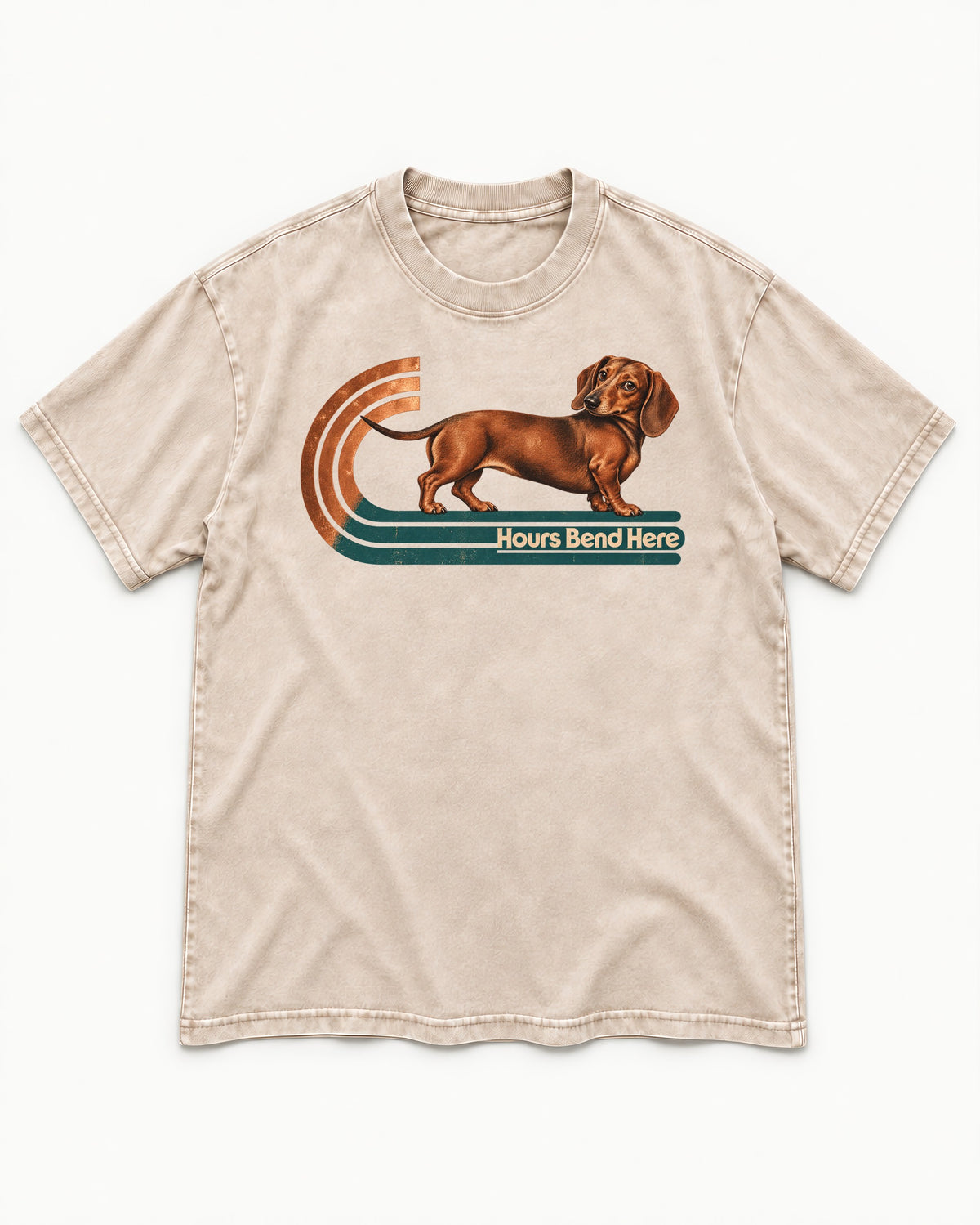 Dachshund Hours Bend Here Retro Track Graphic Washed Tee in Apricot, flat lay product photo