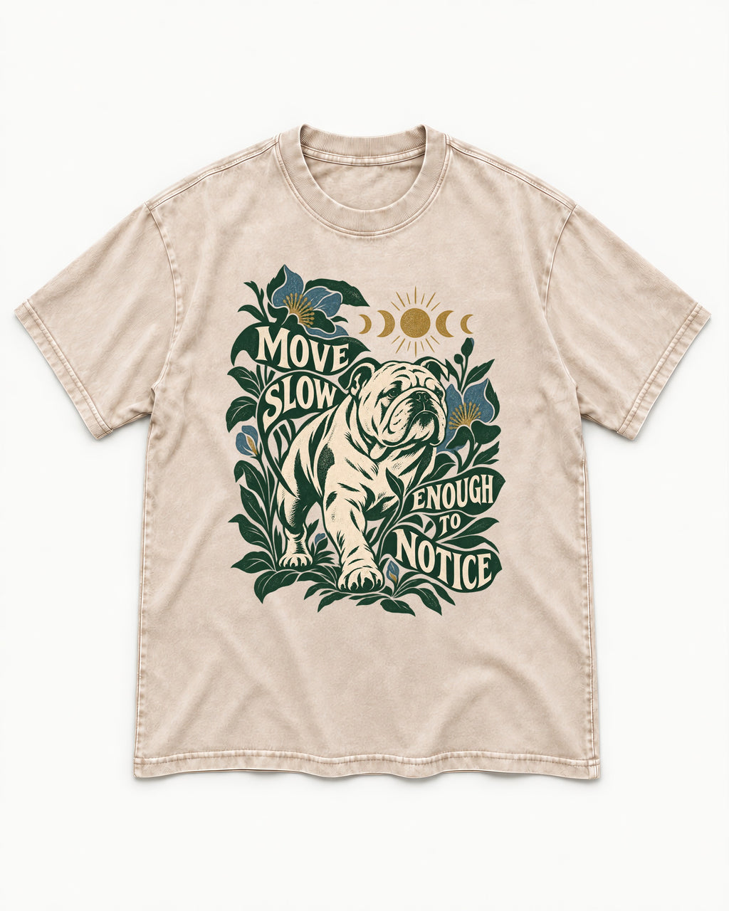 Move Slow English Bulldog Washed Tee in Apricot, flat lay product photo
