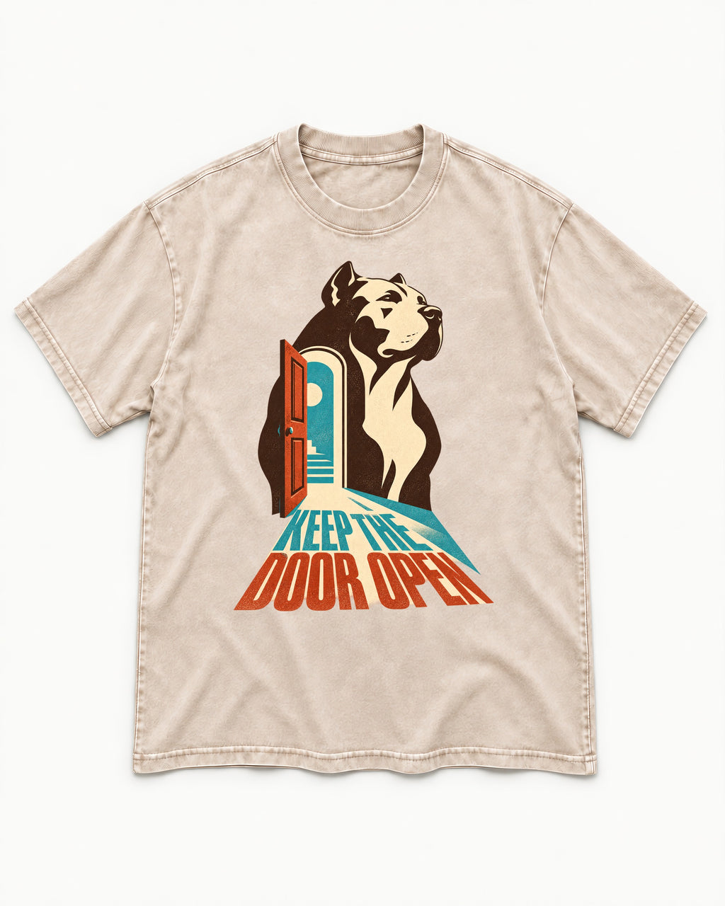 Keep the Door Open Pitbull Washed Tee in Apricot, flat lay product photo
