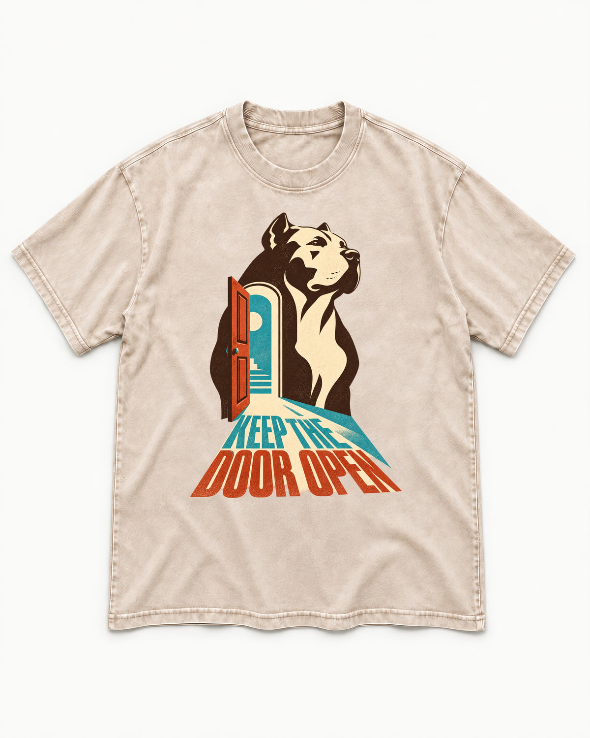 Keep the Door Open Pitbull Washed Tee in Apricot, flat lay product photo