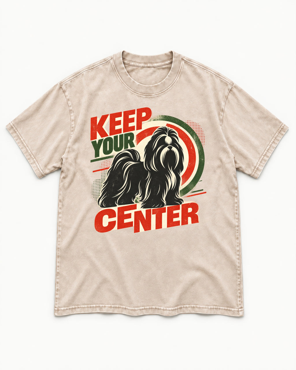 Shih Tzu Keep Your Center Retro Target Graphic Washed Tee in Apricot, flat lay product photo