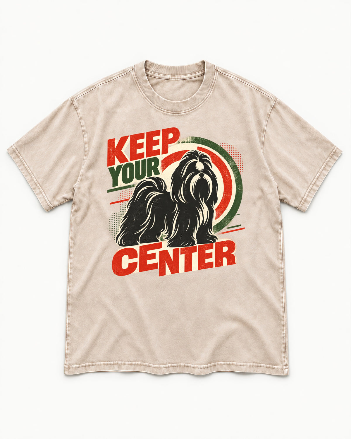 Shih Tzu Keep Your Center Retro Target Graphic Washed Tee in Apricot, flat lay product photo