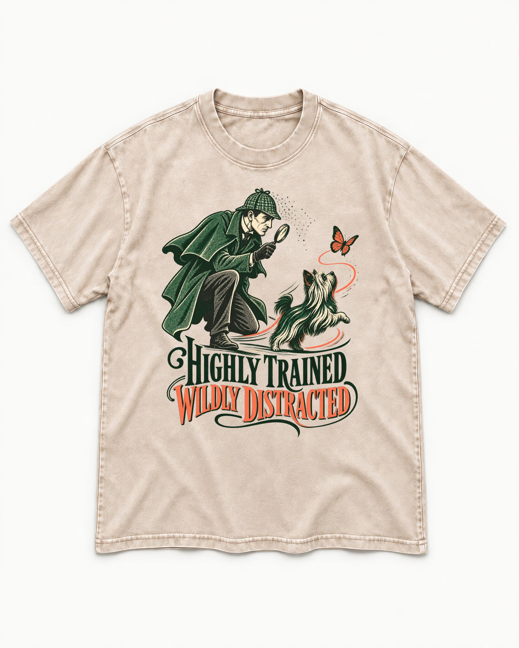 Highly Trained Wildly Distracted Yorkshire Terrier Washed Tee in Apricot, flat lay product photo