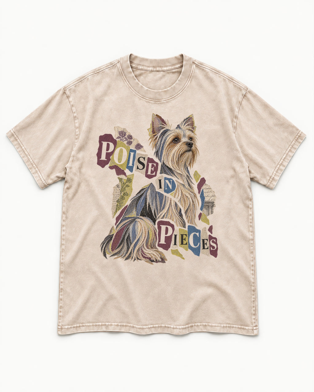Yorkshire Terrier Poise in Pieces Torn Paper Collage Graphic Washed Tee in Apricot, flat lay product photo