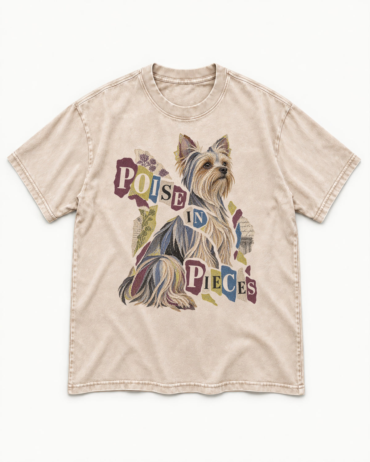 Yorkshire Terrier Poise in Pieces Torn Paper Collage Graphic Washed Tee in Apricot, flat lay product photo