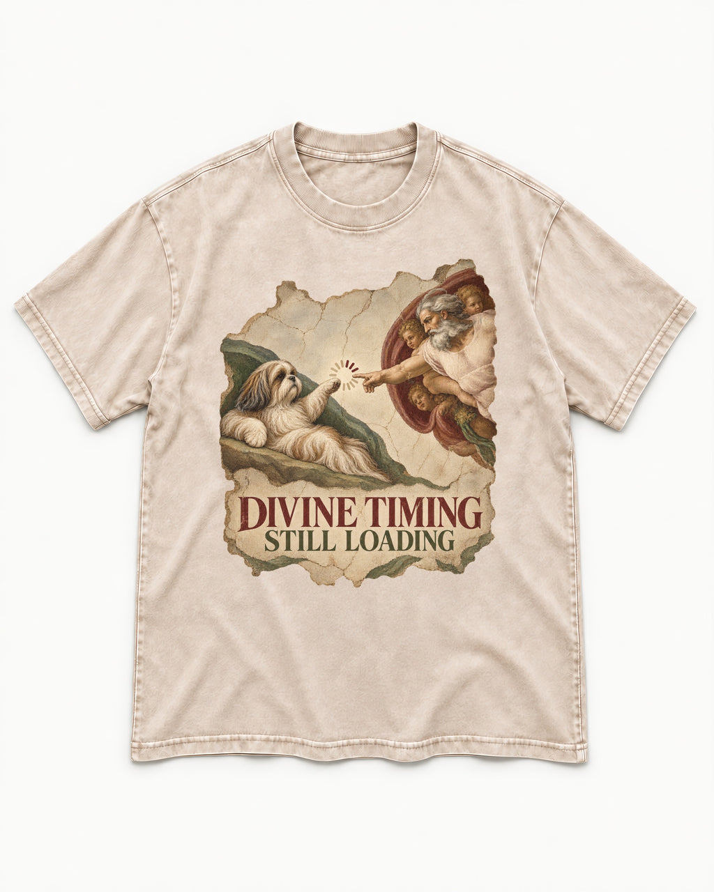 Shih Tzu Divine Timing Still Loading Renaissance Parody Graphic Washed Tee in Apricot, flat lay product photo