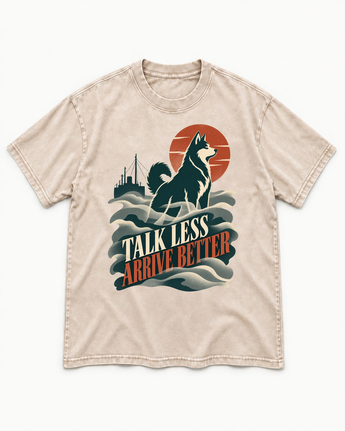 Husky Talk Less Arrive Better Harbor Wave Graphic Washed Tee in Apricot, flat lay product photo