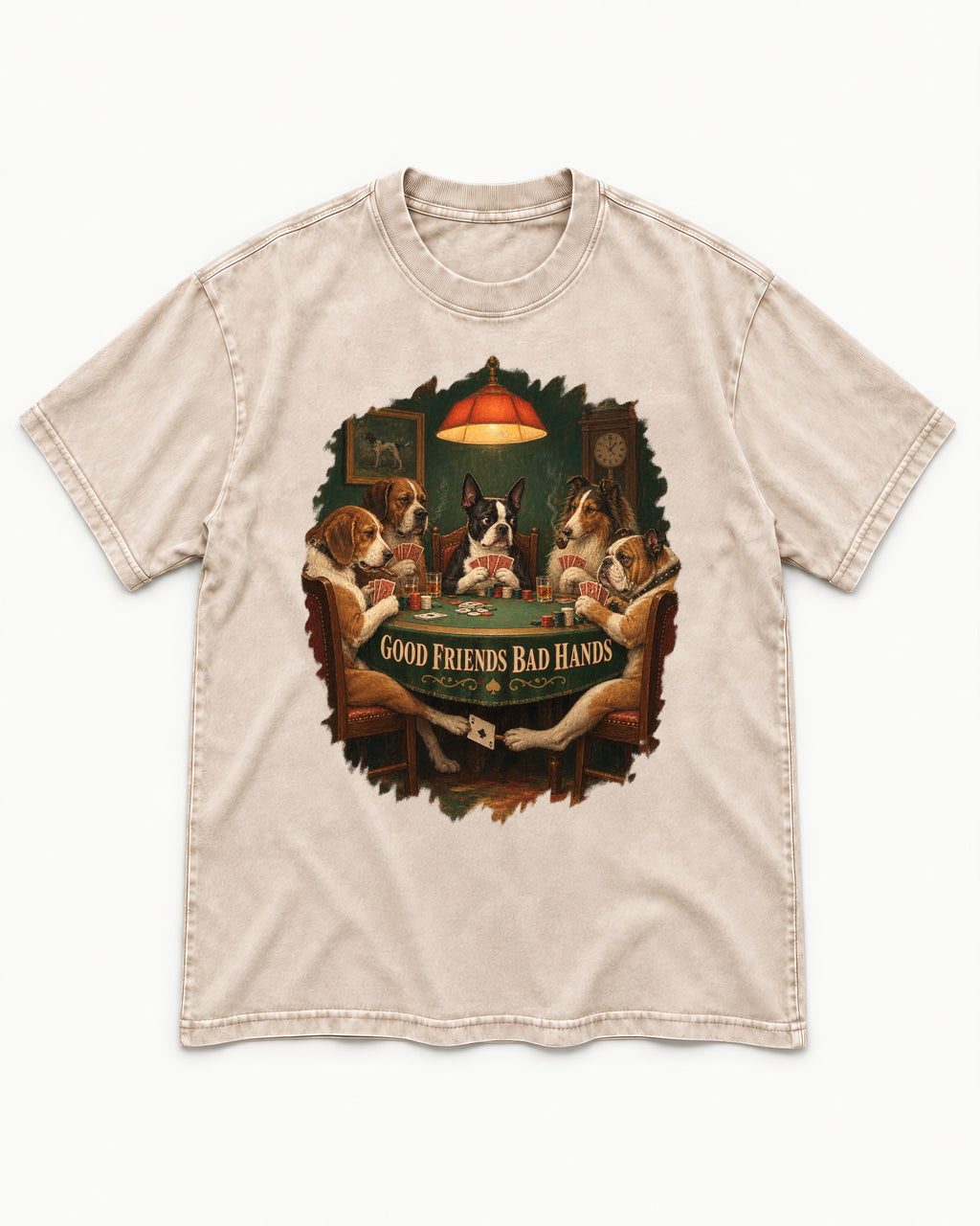 Good Friends Bad Hands Boston Terrier Poker Night Washed Tee in Apricot, flat lay product photo