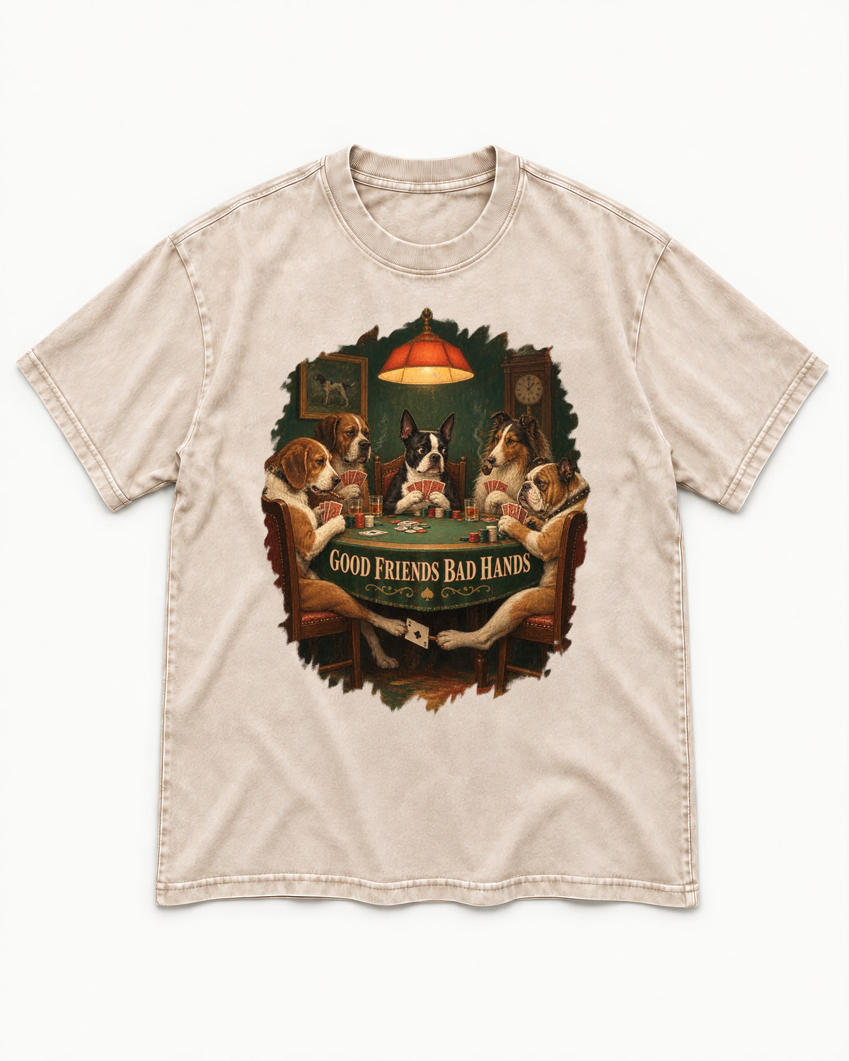 Good Friends Bad Hands Boston Terrier Poker Night Washed Tee in Apricot, flat lay product photo