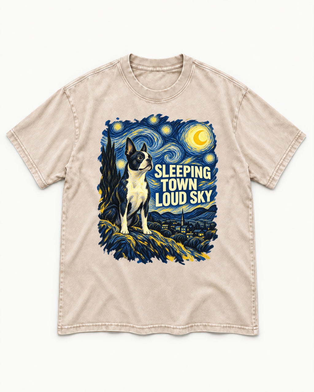 Sleeping Town Loud Sky Boston Terrier Starry Night Washed Tee in Apricot, flat lay product photo