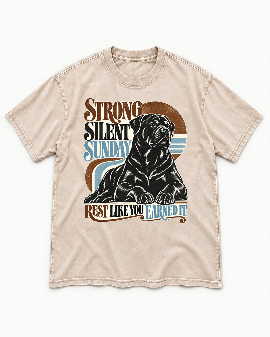 Strong Silent Sunday Rottweiler Washed Tee in Apricot, flat lay product photo