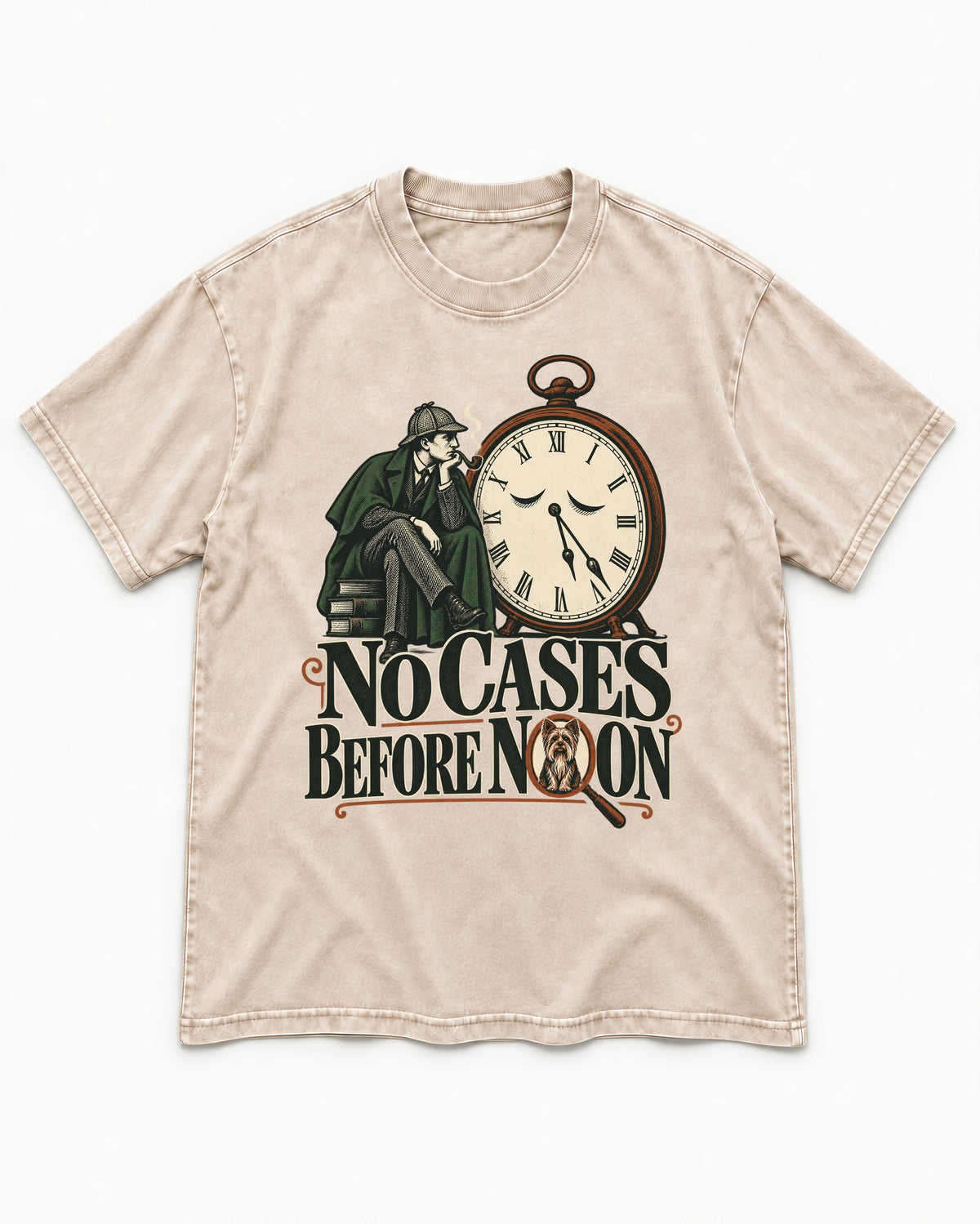 No Cases Before Noon Yorkshire Terrier Washed Tee in Apricot, flat lay product photo