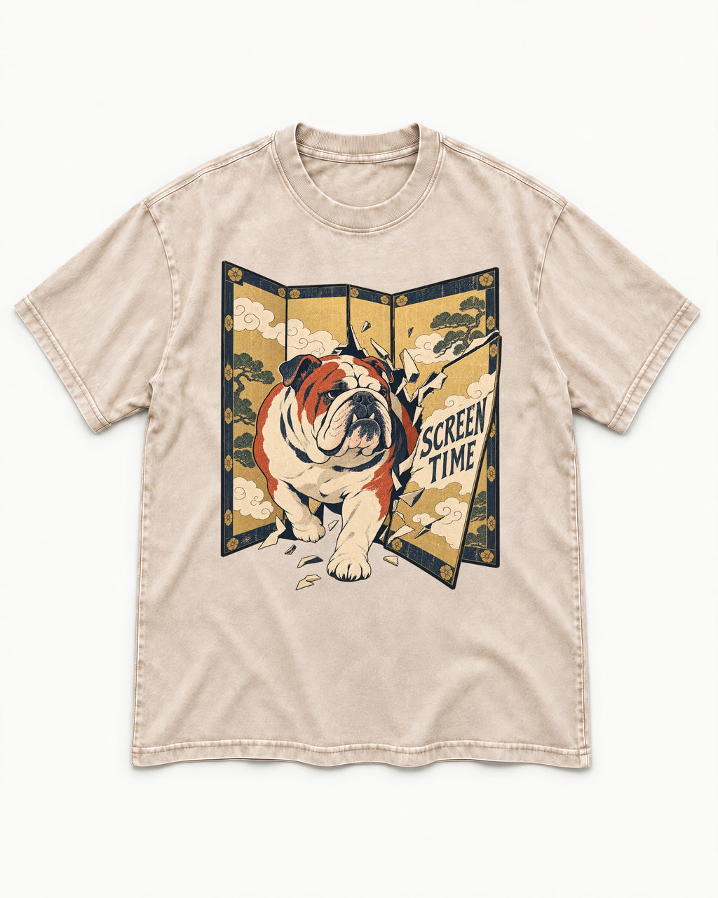 English Bulldog Screen Time Washed Tee in Apricot, flat lay product photo
