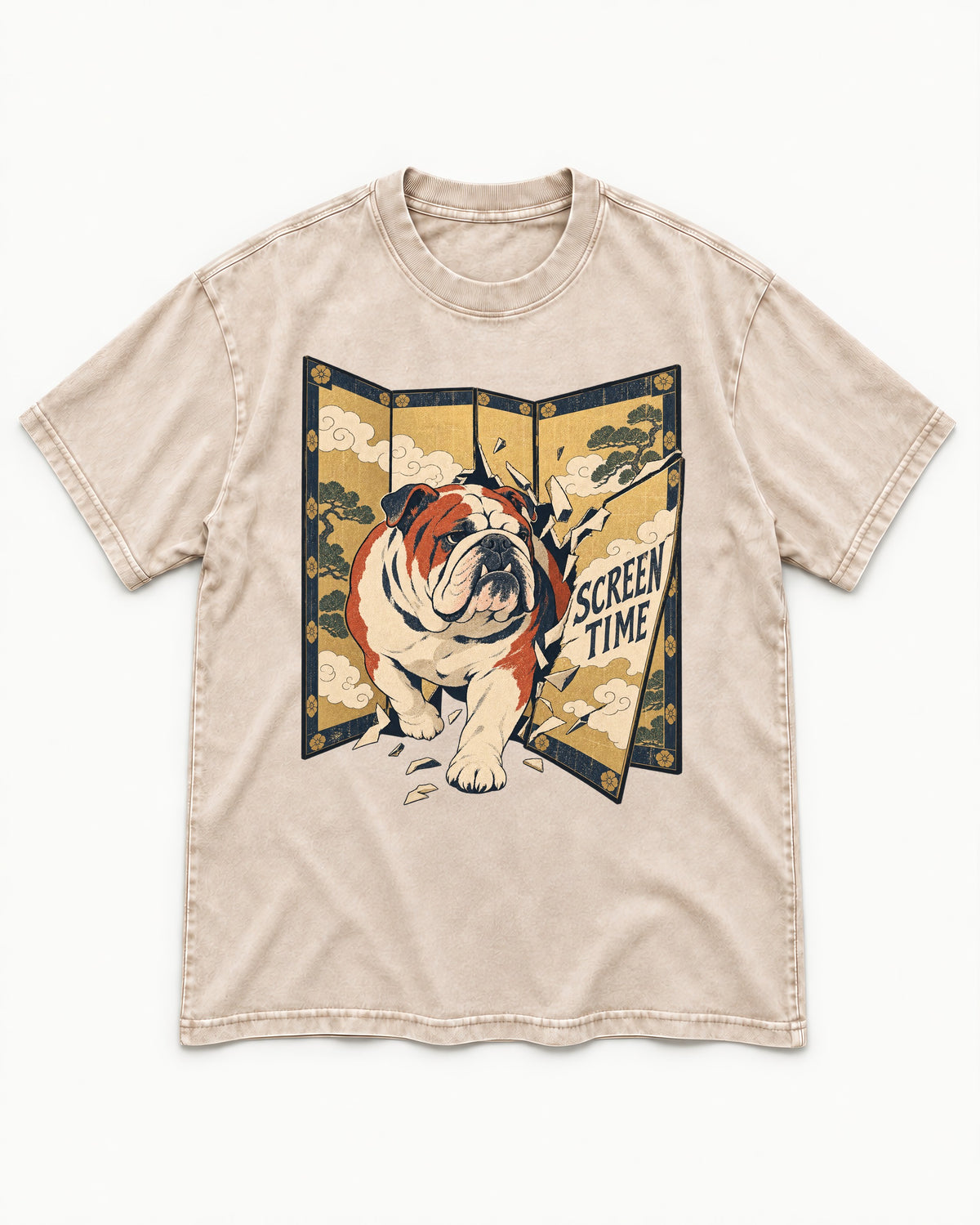 English Bulldog Screen Time Washed Tee in Apricot, flat lay product photo