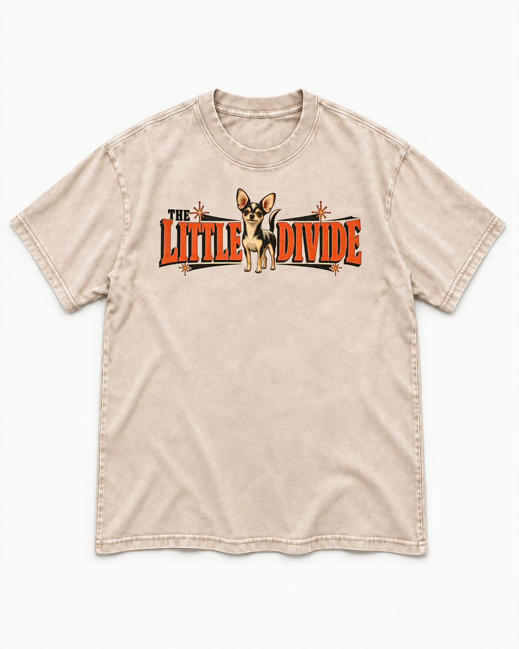 Chihuahua The Little Divide Retro Sign Graphic Washed Tee in Apricot, flat lay product photo