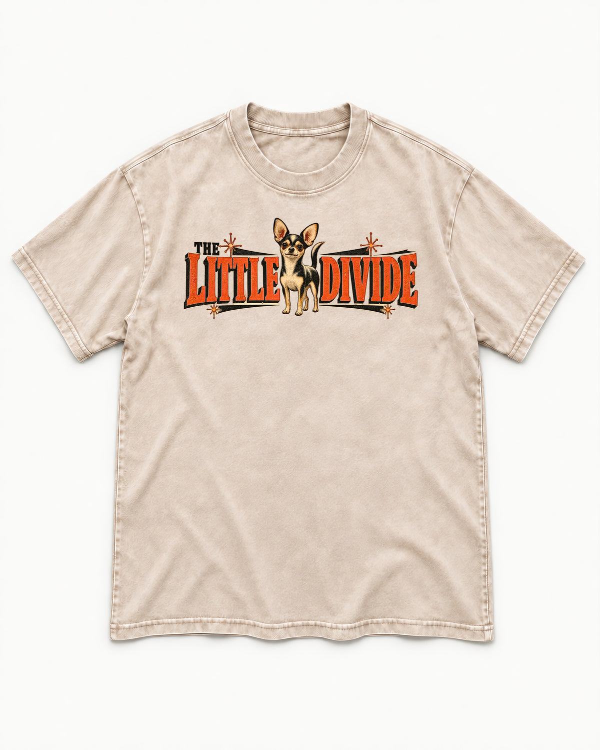 Chihuahua The Little Divide Retro Sign Graphic Washed Tee in Apricot, flat lay product photo