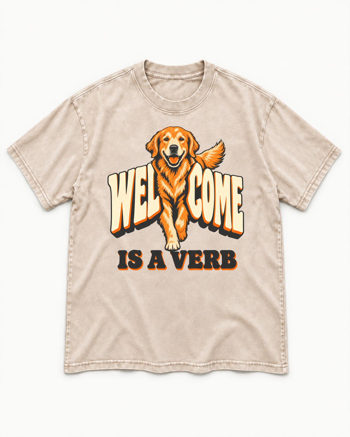 Golden Retriever Welcome Is a Verb Washed Tee in Apricot, flat lay product photo