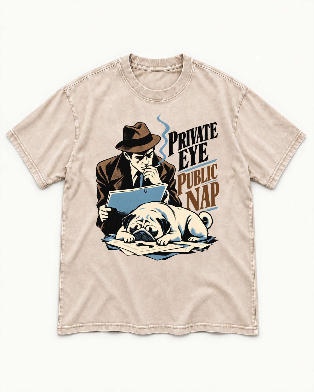 Pug Private Eye Public Nap Washed Tee in Apricot, flat lay product photo