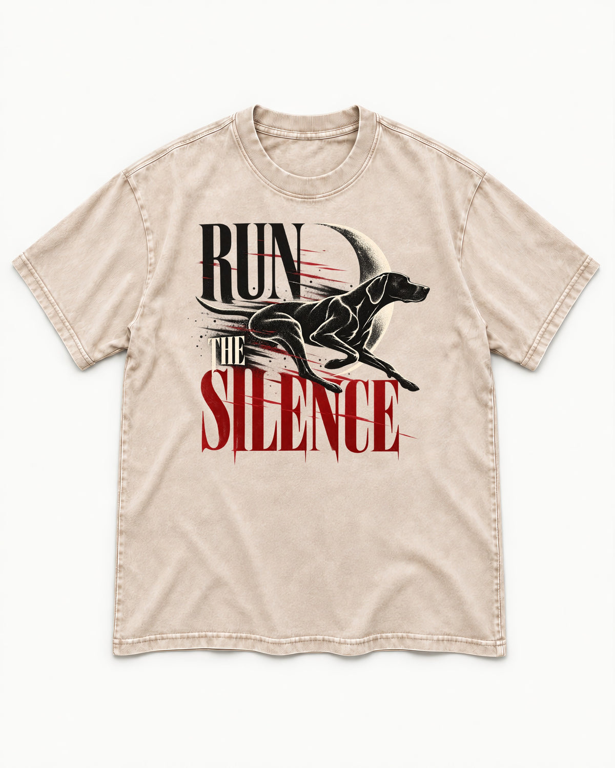 Run the Silence German Shorthaired Pointer Washed Tee in Apricot, flat lay product photo