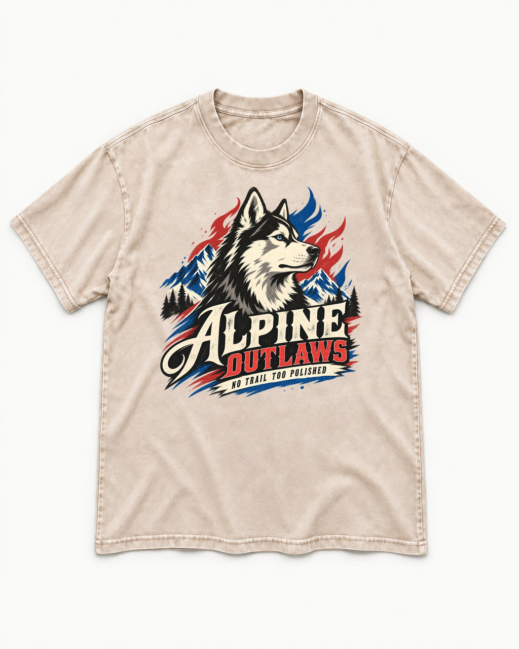 Husky Alpine Outlaws No Trail Too Polished Graphic Washed Tee in Apricot, flat lay product photo