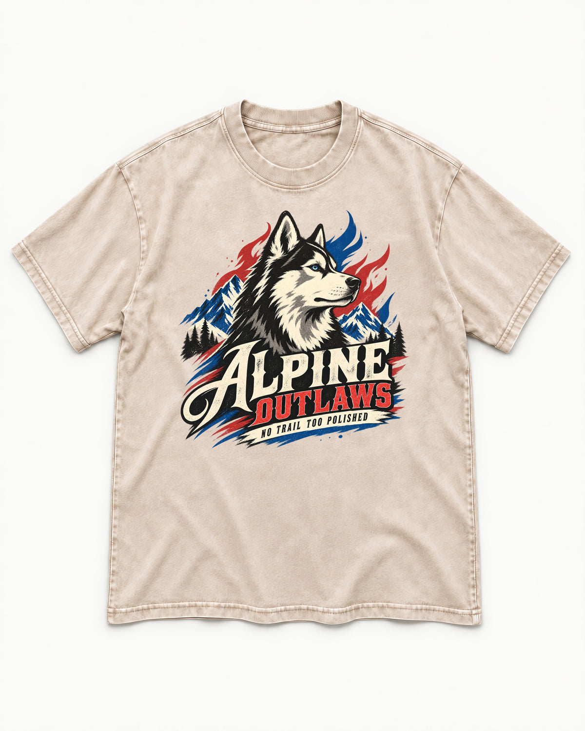 Husky Alpine Outlaws No Trail Too Polished Graphic Washed Tee in Apricot, flat lay product photo