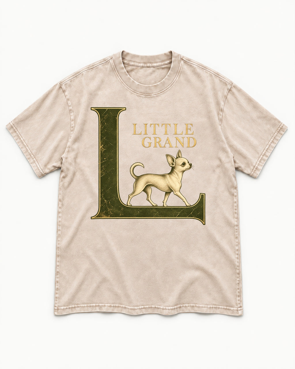 Little Grand Chihuahua Washed Tee in Apricot, flat lay product photo