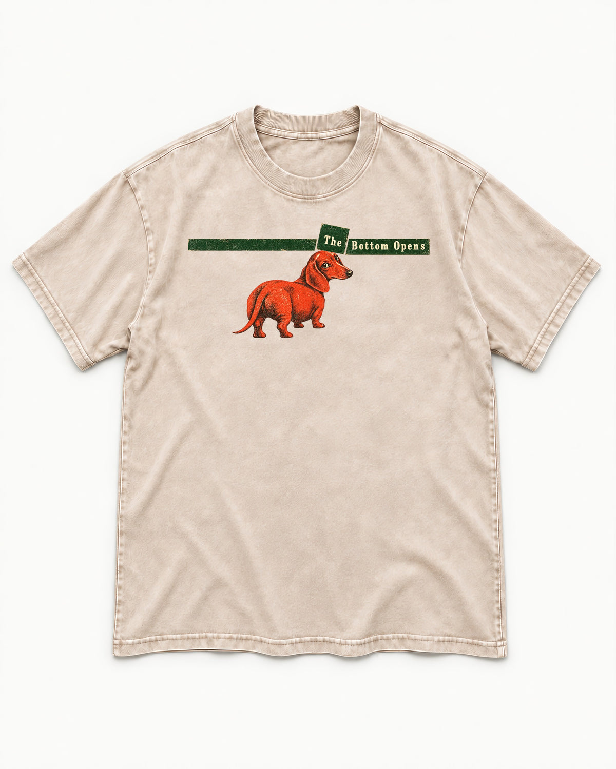 Dachshund The Bottom Opens Signpost Graphic Washed Tee in Apricot, flat lay product photo