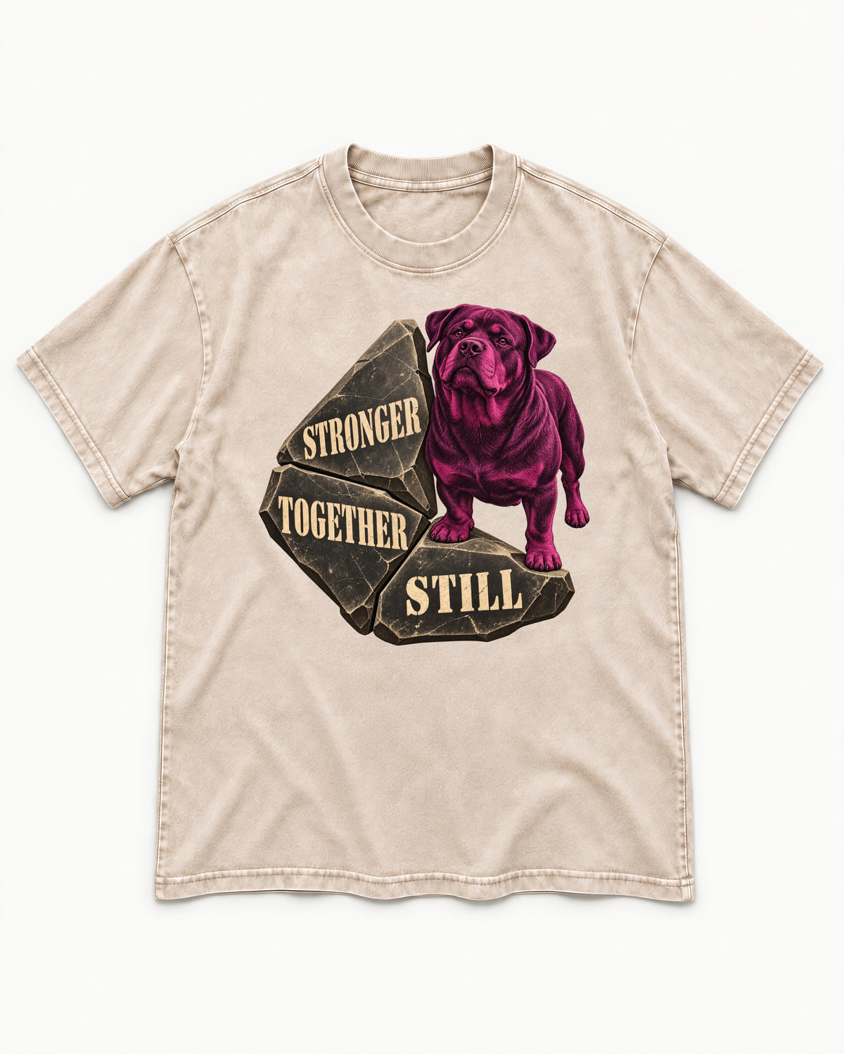 Rottweiler Stronger Together Still Foundation Stone Graphic Washed Tee in Apricot, flat lay product photo