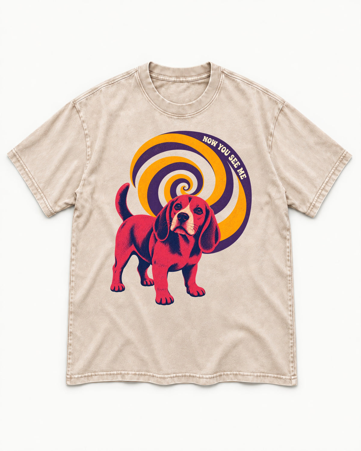 Now You See Me Beagle Spiral Washed Tee in Apricot, flat lay product photo