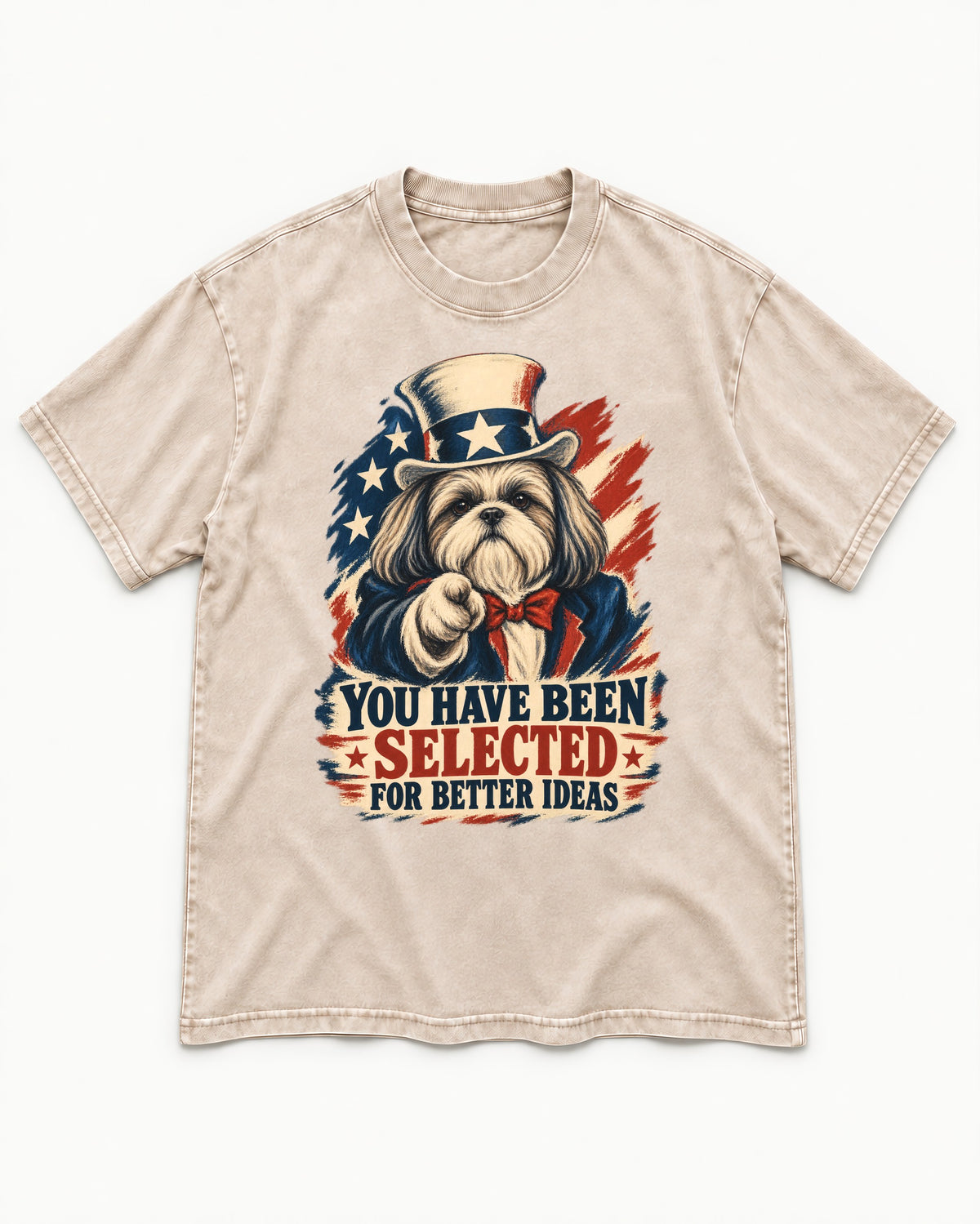 Shih Tzu You Have Been Selected Uncle Sam Graphic Washed Tee in Apricot, flat lay product photo