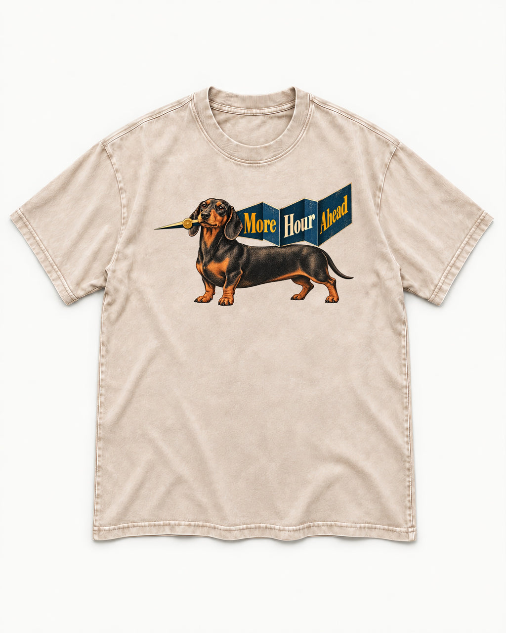 Dachshund More Hour Ahead Foldout Banner Graphic Washed Tee in Apricot, flat lay product photo