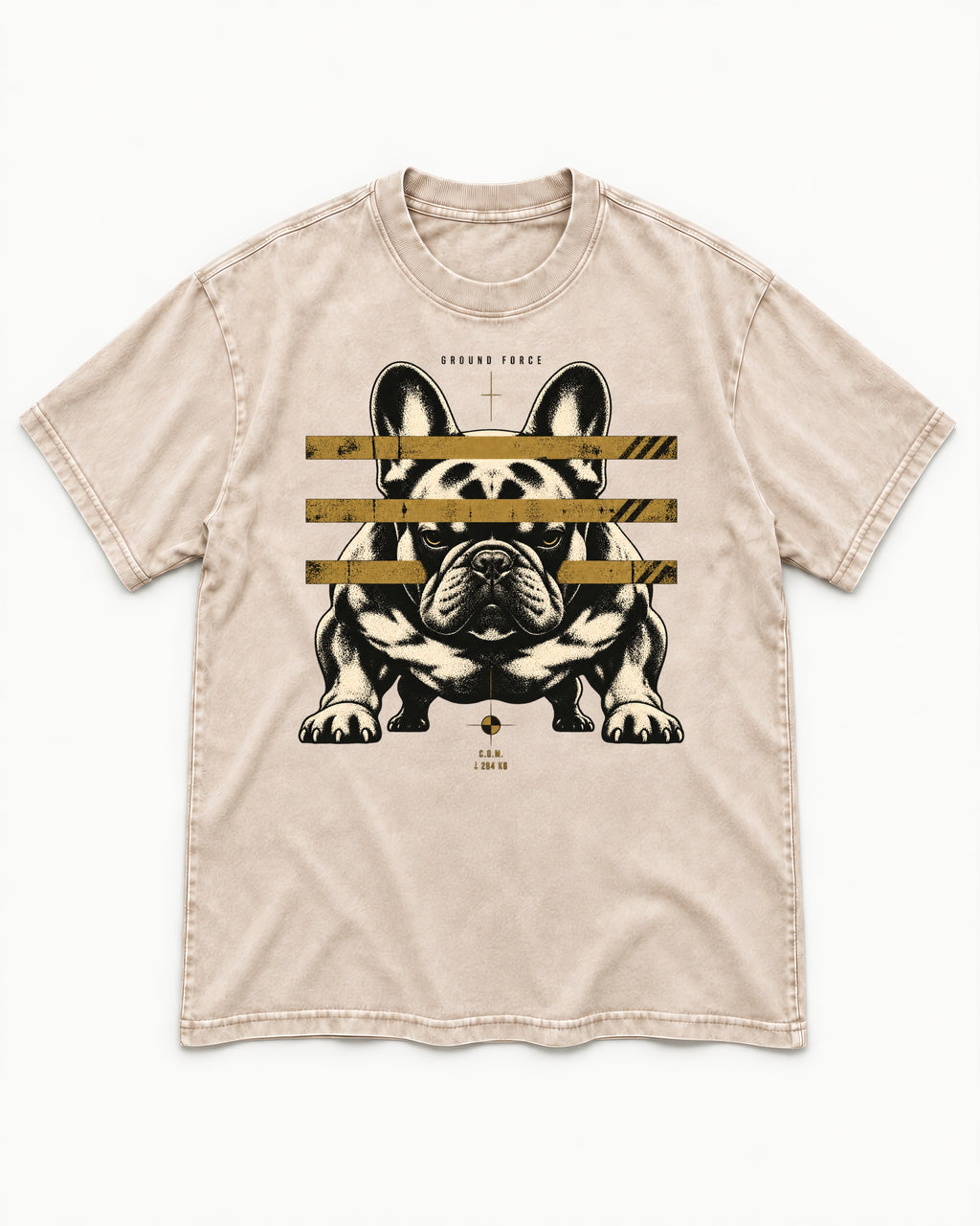 Frenchie Ground Force Industrial Barrier Graphic Washed Tee in Apricot, flat lay product photo