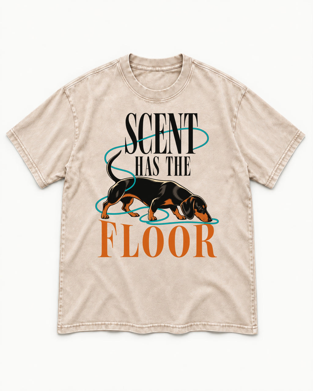 Dachshund Scent Has the Floor Washed Tee in Apricot, flat lay product photo