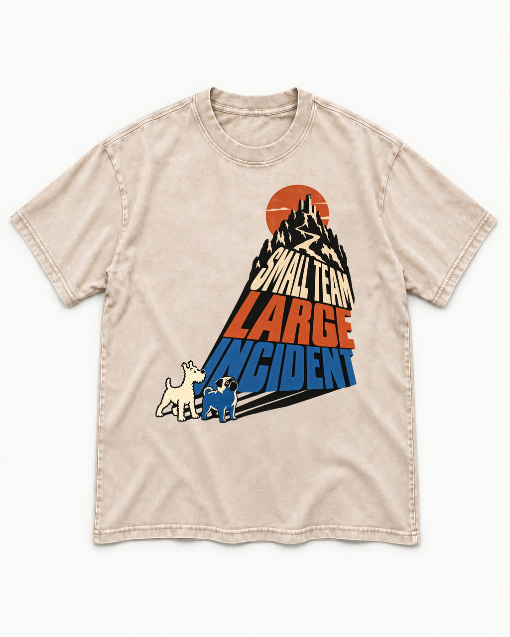 Pug Small Team Large Incident Mountain Graphic Washed Tee in Apricot, flat lay product photo