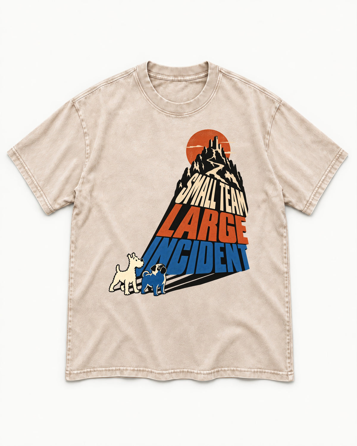 Pug Small Team Large Incident Mountain Graphic Washed Tee in Apricot, flat lay product photo