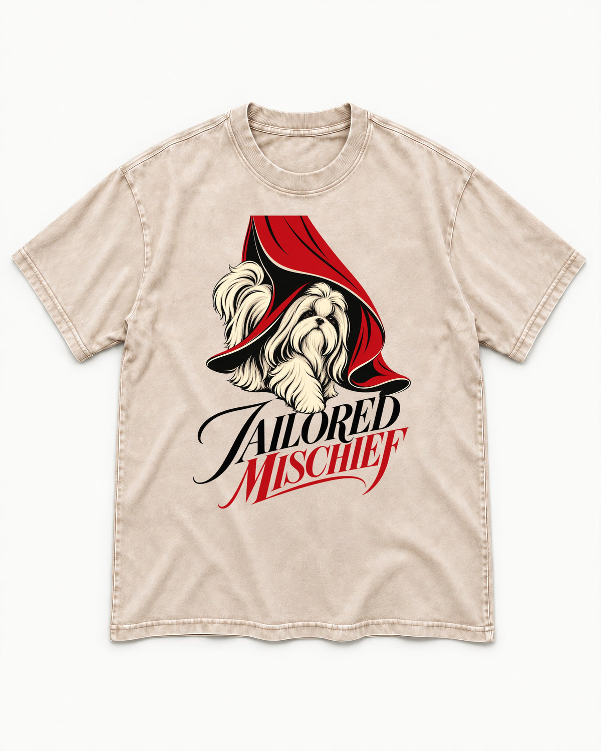Tailored Mischief Shih Tzu Washed Tee in Apricot, flat lay product photo