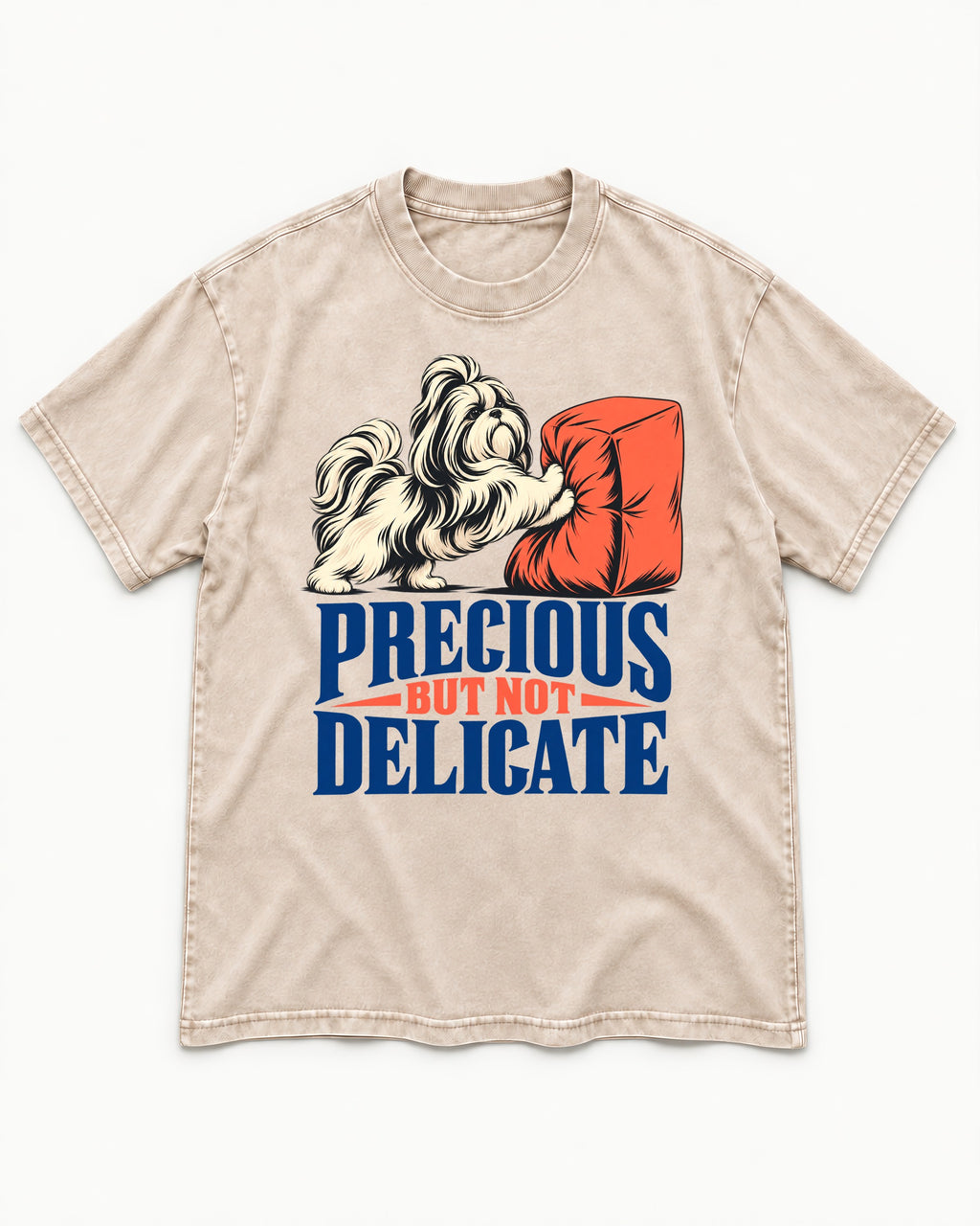 Precious but Not Delicate Shih Tzu Washed Tee in Apricot, flat lay product photo