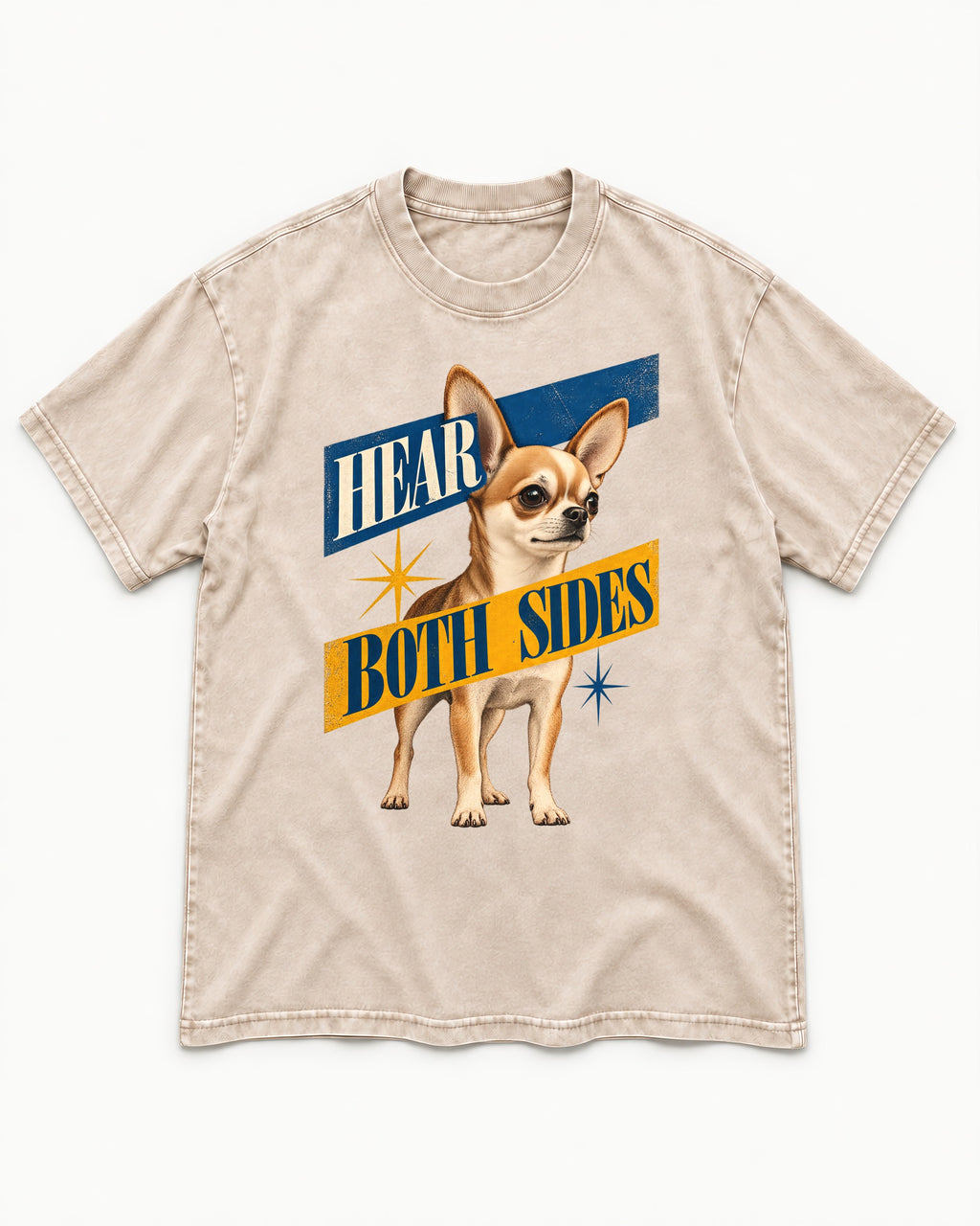 Chihuahua Hear Both Sides Banner Graphic Washed Tee in Apricot, flat lay product photo