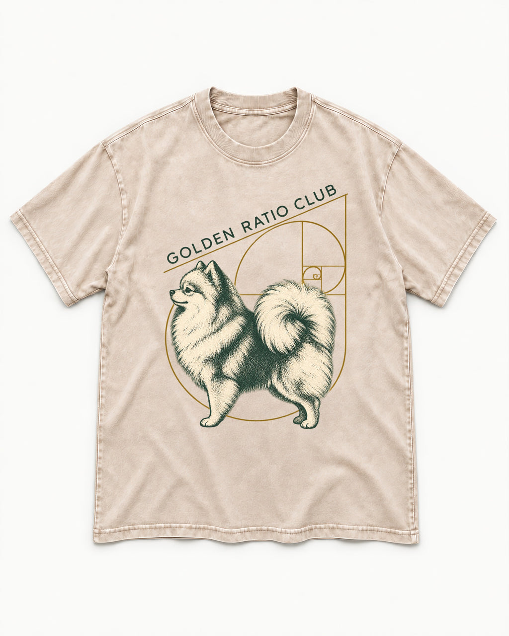 Pomeranian Golden Ratio Club Washed Tee in Apricot, flat lay product photo