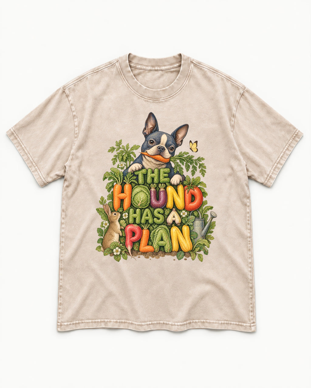 The Hound Has a Plan Boston Terrier Washed Tee in Apricot, flat lay product photo