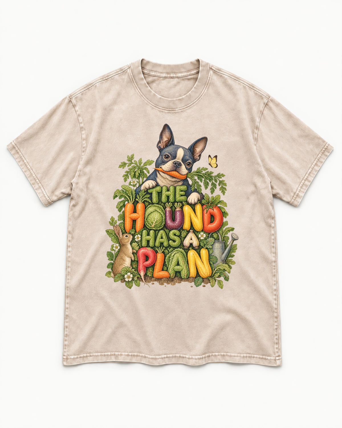 The Hound Has a Plan Boston Terrier Washed Tee in Apricot, flat lay product photo