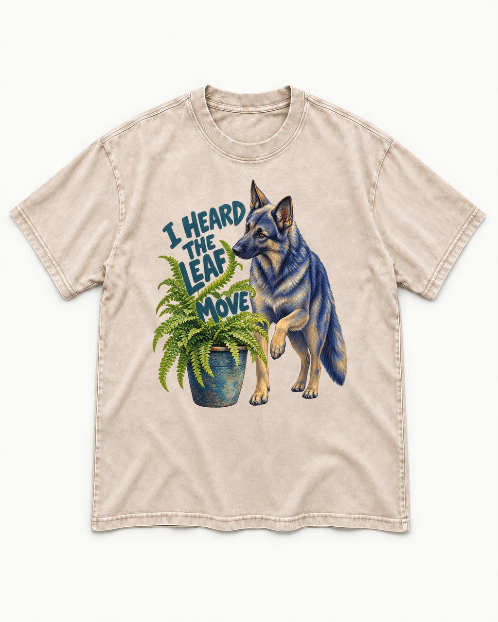German Shepherd Dog Heard the Leaf Move Washed Tee in Apricot, flat lay product photo