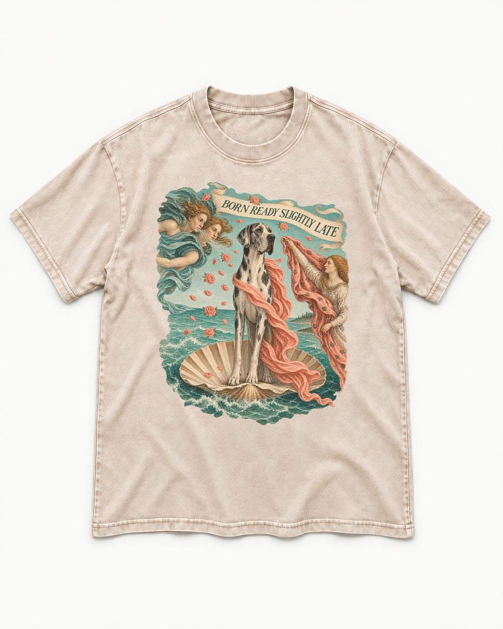 Great Dane Born Ready Slightly Late Washed Tee in Apricot, flat lay product photo
