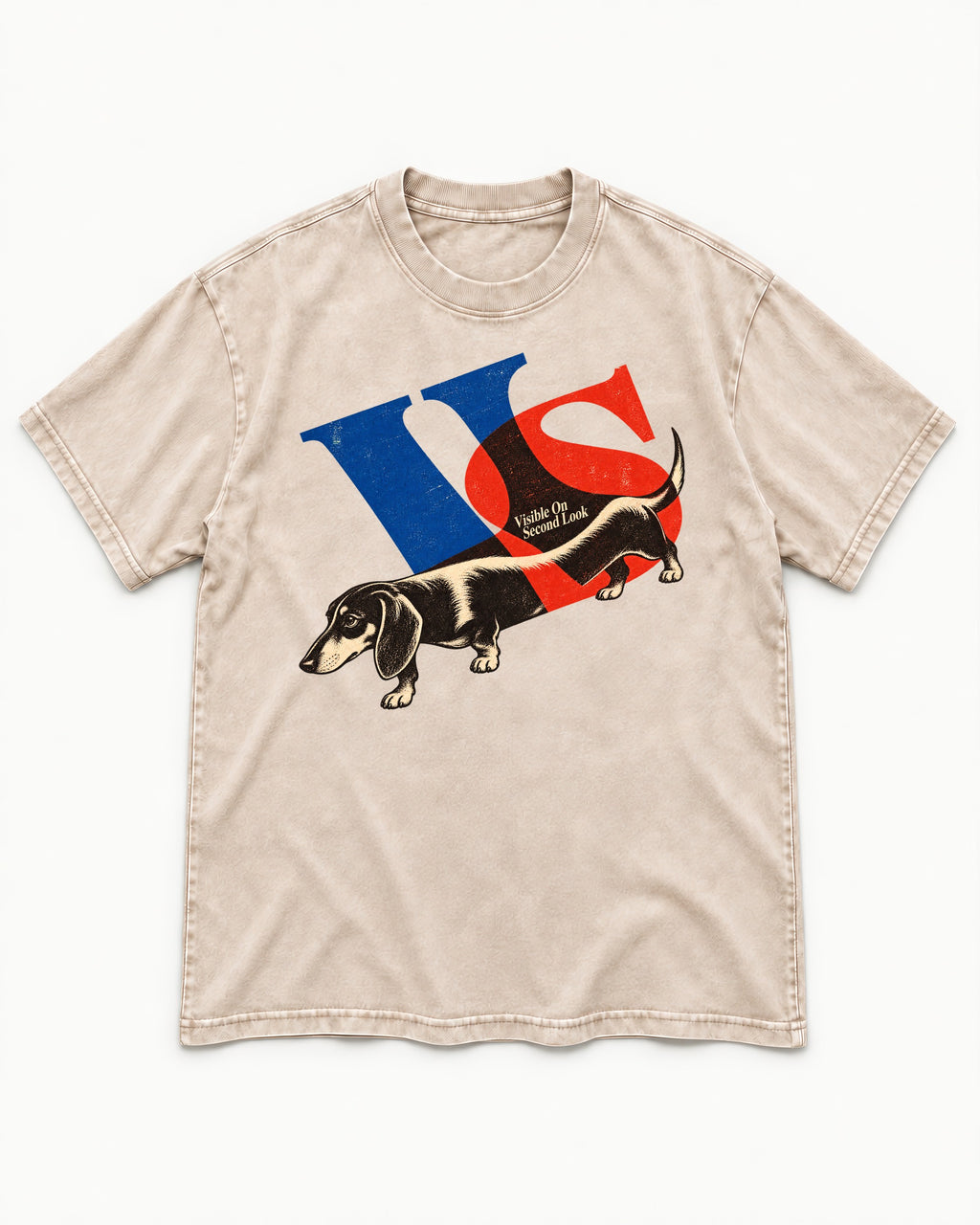 Dachshund VS Visible On Second Look Graphic Washed Tee in Apricot, flat lay product photo
