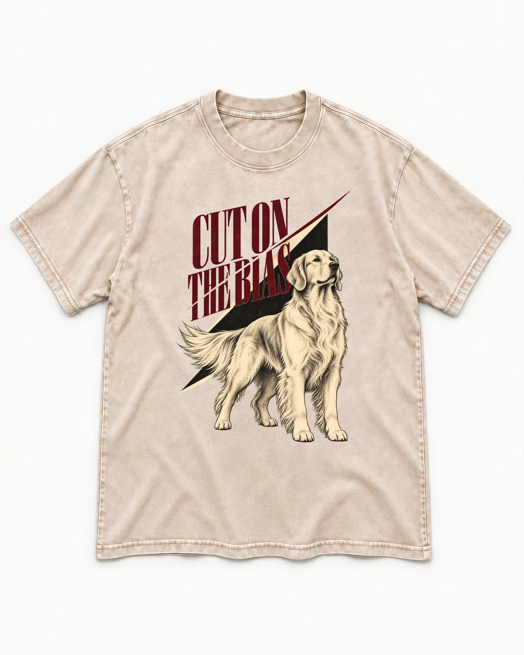 Cut on the Bias Golden Retriever Washed Tee in Apricot, flat lay product photo