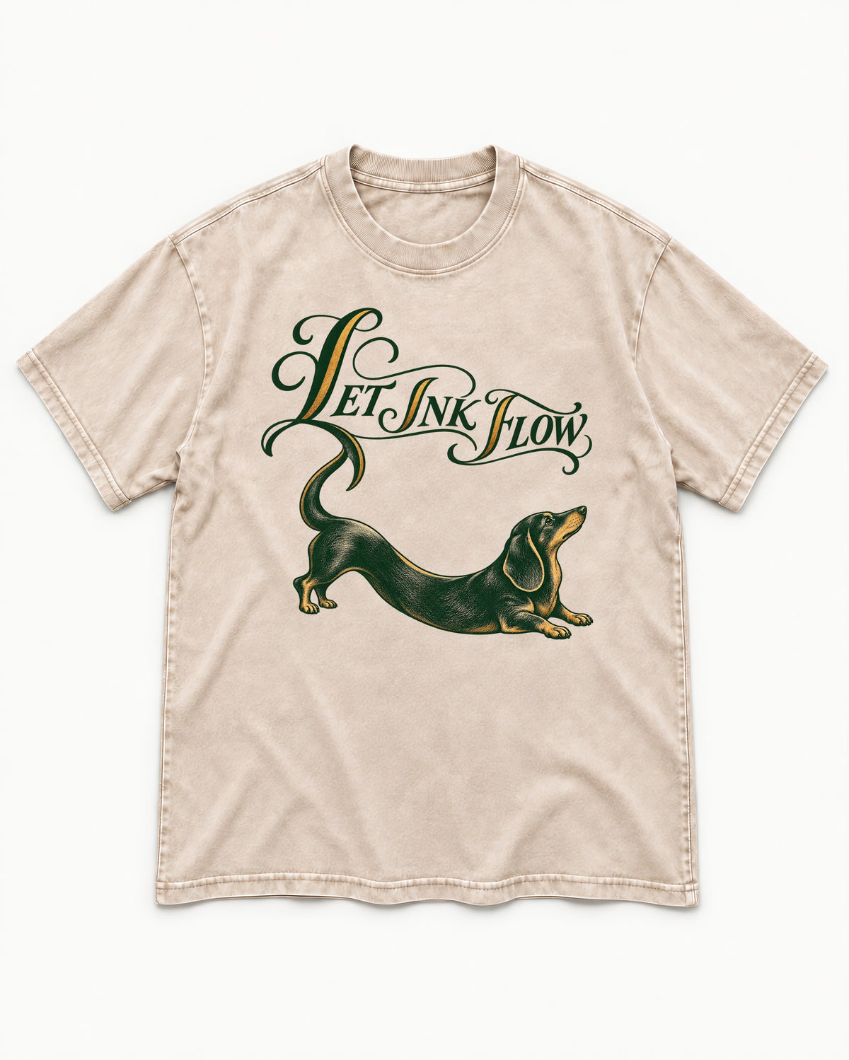 Let the Dachshund Ink Flow Washed Tee in Apricot, flat lay product photo