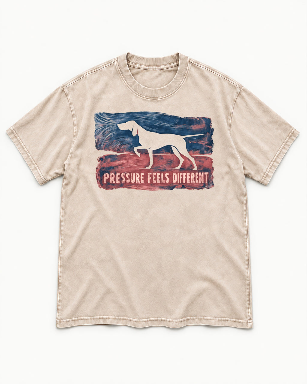 German Shorthaired Pointer Pressure Feels Different Monotype Graphic Washed Tee in Apricot, flat lay product photo